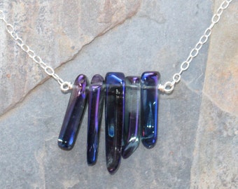 Violet Purple Statement Necklace, Sterling Silver Necklace, Stone Necklace, Bar Necklace, Rainbow Quartz Necklace, Stick Necklace, Handmade