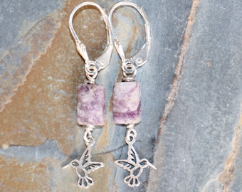 Hummingbird Earrings, Purple Earrings, Lepidolite Earrings, Sterling Silver Earrings, Lavender Earrings, Spring Earrings, Summer Earrings