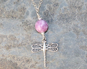 Charoite Necklace, Dragonfly Necklace, Sterling Silver Necklace, Purple Necklace, Gemstone Necklace, Lavender Necklace, Dragonfly Jewelry