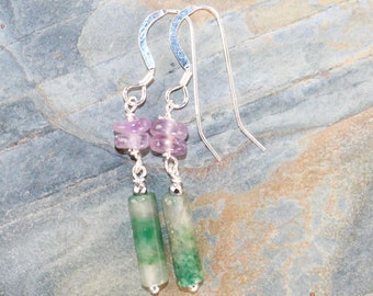 Green Agate Earrings, Amethyst Earrings, Purple Earrings, Sterling Silver Earrings, Green Earrings, Natural Stone Dangly Earrings, For Her