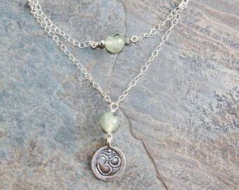 Layered Necklace, Prehnite Necklace, Om Necklace, Yoga Necklace, Natural Stone Necklace, Light Green Necklace, Double Layer Necklace