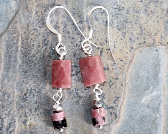 Rhodonite Earrings, Pink Earrings, Natural Stone Earrings, Sterling Silver Earrings, Pink Stone Earrings, Dangly Earrings, For Her