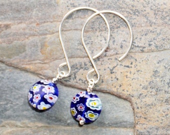Millefiori Earrings, Venetian Glass Earrings, Flower Earrings, Sterling Earrings, Blue Earrings, Bohemian Earrings, Flower Jewelry, For Her