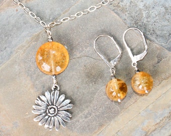 Daisy Jewelry Set, Citrine Jewelry Set, Yellow Jewelry Set, Gemstone Jewelry, Natural Stone, Flower Jewelry Set, Sterling Silver Jewelry Set