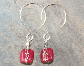 Raspberry Pink Earrings, Wire Wrapped Earrings, Stone Earrings, Handmade Earrings, Holiday Earrings, Sterling Silver Earrings, Jade Earrings