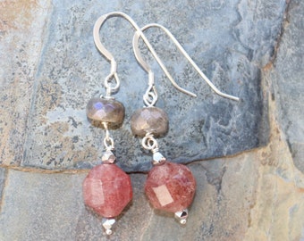 Muscovite Earrings, Labradorite Earrings, Gray and Pink Earrings, Sterling Silver Earrings, Dangly Earrings, Gemstone Earrings, For Her