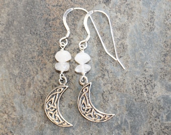 Crescent Moon Earrings, Moonstone Earrings, Celtic Moon Earrings, White Earrings, Sterling Silver Earring, Celtic Earrings, For Her