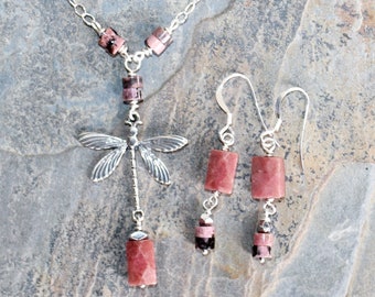 Dragonfly Jewelry Set, Rhodonite Jewelry Set, Sterling Silver Jewelry Set, Pink Jewelry Set, Pink Dragonfly Jewelry Set, Spring Jewelry Set