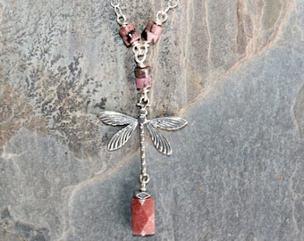 Dragonfly Necklace, Rhodonite Necklace, Sterling Silver Necklace, Pink Necklace, Gemstone Necklace, Pink Dragonfly Necklace, Spring Necklace