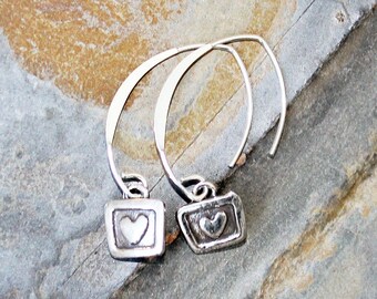 Silver Heart Earrings, Sterling Silver Earrings, Modern Earrings, Curved Wire Earrings, Valentine's Day Earrings, Heart Jewelry, For Her