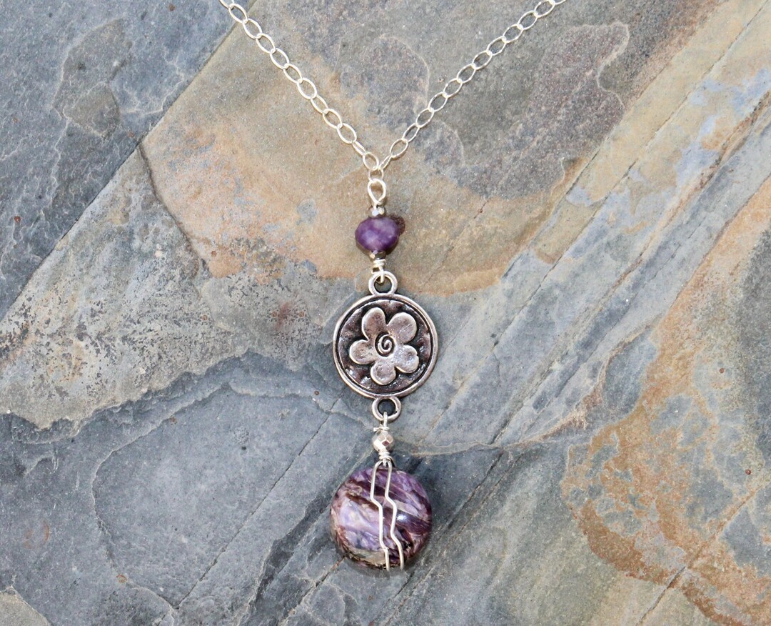 Lavender Flower Necklace, Purple Necklace, Charoite Necklace, Purple