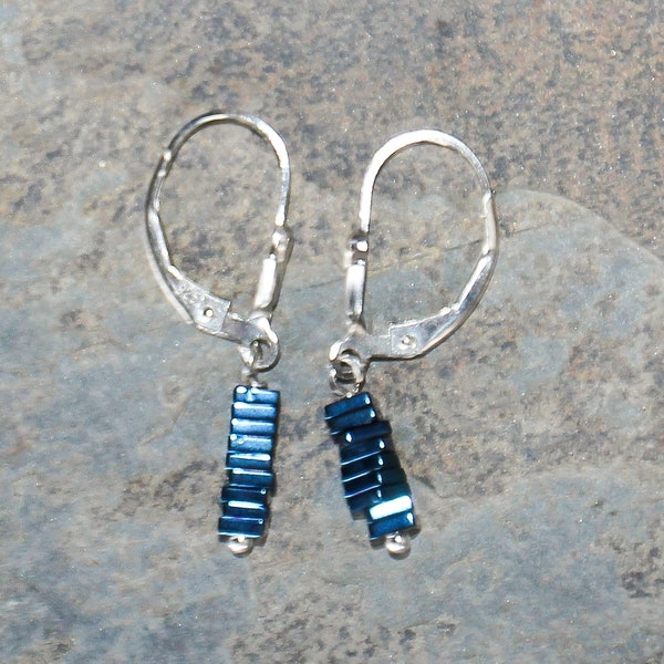 Metallic Blue Earrings, Stone Earrings, Hematite Earrings, Stacked Earrings, Column Earrings, Square Earrings, Metallic Fall Earrings