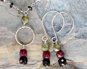 Tourmaline Jewelry Set, Green Jewelry Set, Pink Jewelry Set, Watermelon Jewelry Set, Natural Stone Jewelry Set, Sterling Jewelry Set