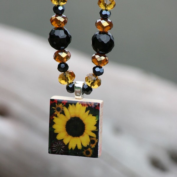 Sunflower Scrabble Tile, Onyx and Crystal Necklace
