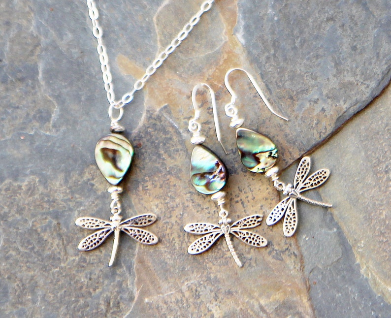 Abalone Jewelry Set Boho Jewelry Set Sterling Silver Jewelry Set Green Jewelry Set Dragonfly Jewelry Set Insect Jewelry Set
