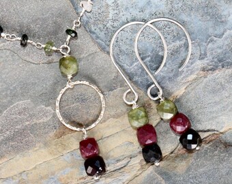 Tourmaline Jewelry Set, Green Jewelry Set, Pink Jewelry Set, Watermelon Jewelry Set, Natural Stone Jewelry Set, Sterling Jewelry Set