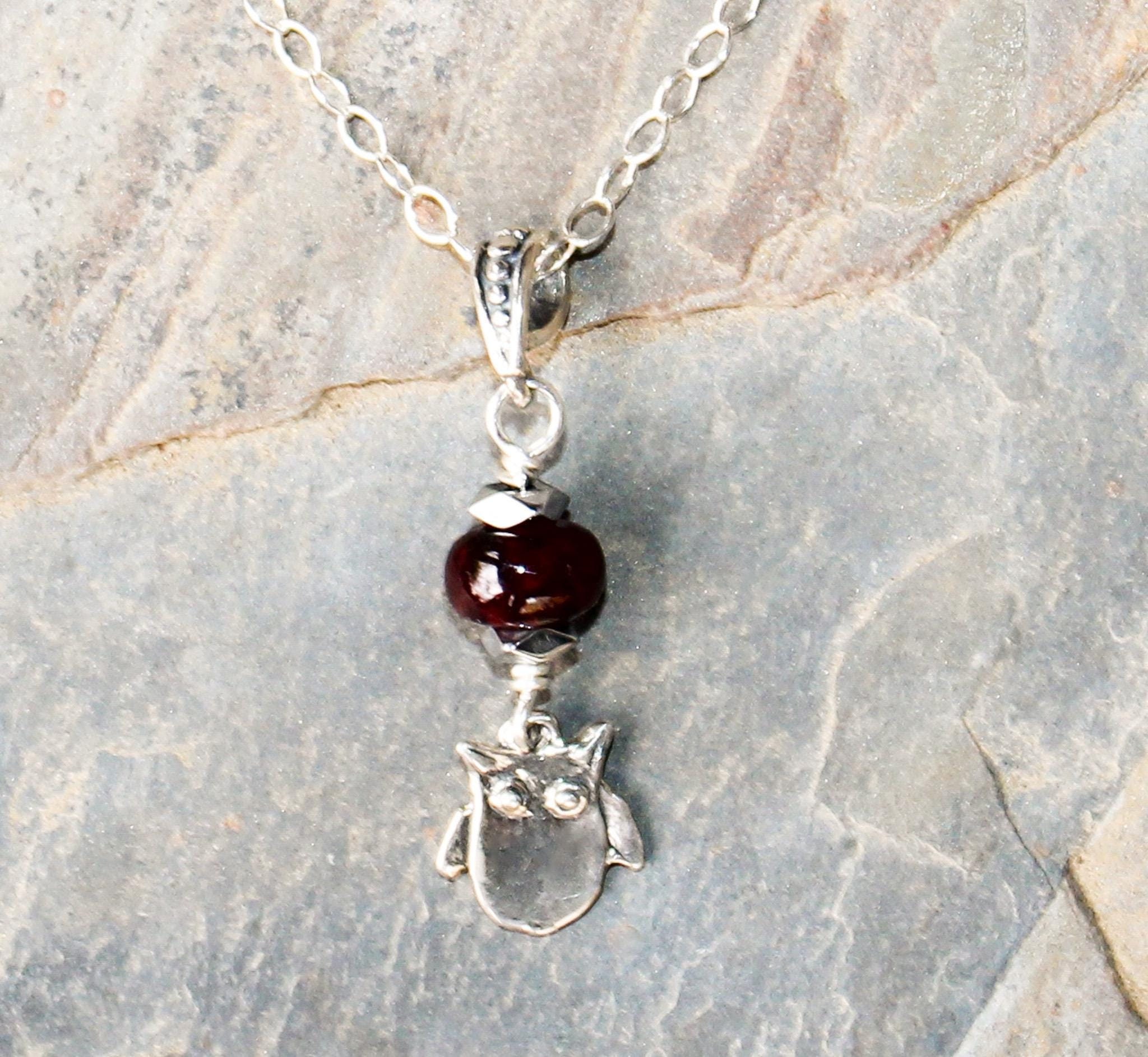 Owl Necklace, Garnet Necklace, Sterling Silver Necklace, Fall Necklace, Burgundy Necklace, Natural S