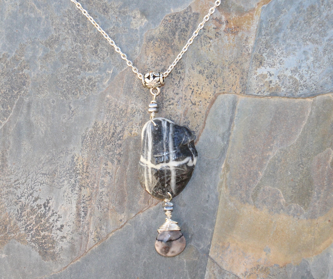 Beach Rock Necklace, Wire Wrap Necklace, Black and White Necklace