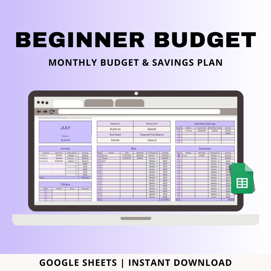 Simple Monthly Budget Spreadsheet: Google Sheets Template (digital ...