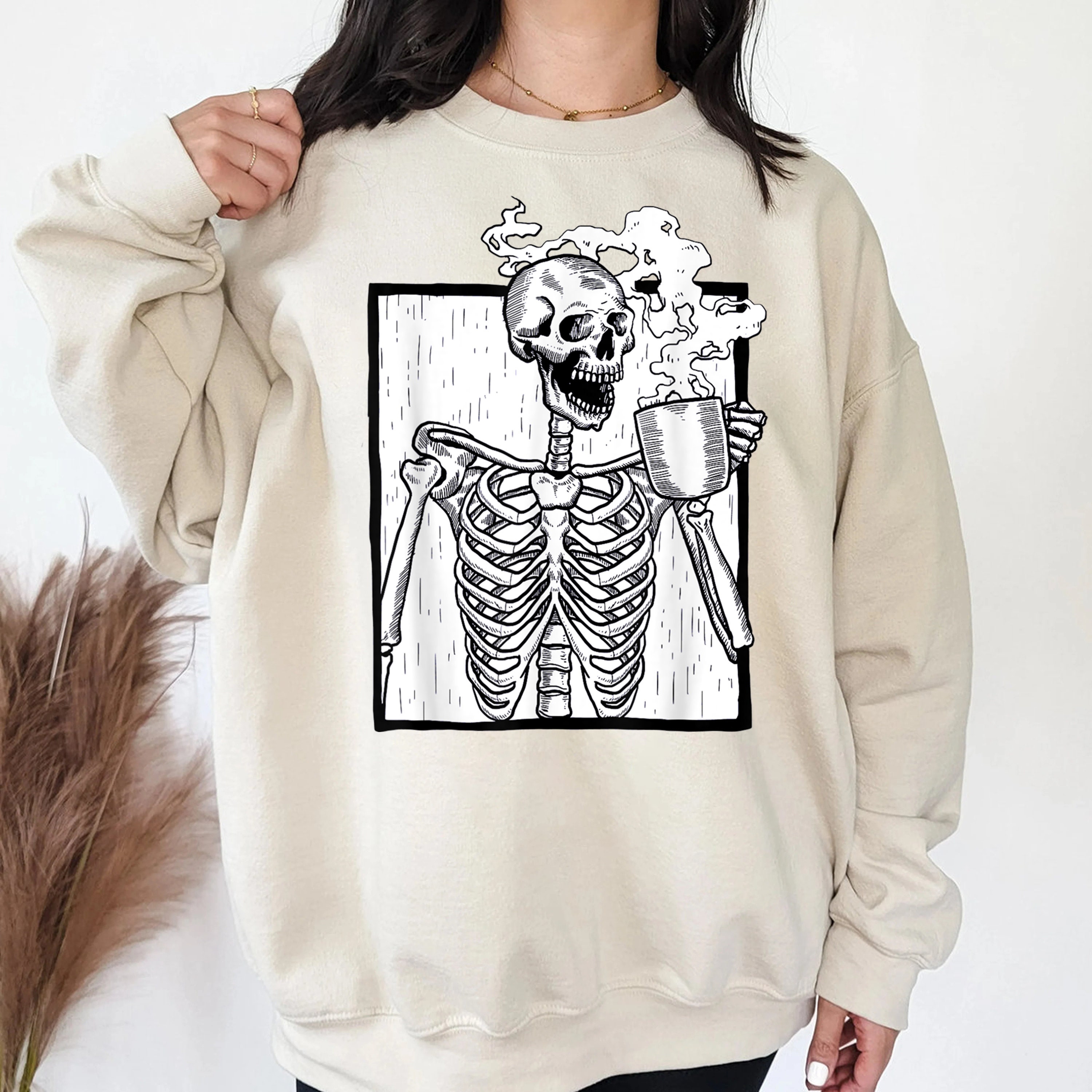 Discover Halloween Skeleton Sweatshirt, Halloween Skeleton Hoodie, Skeleton Drinking Hot Coffee Sweatshirt, Halloween Skull Coffee Shirt