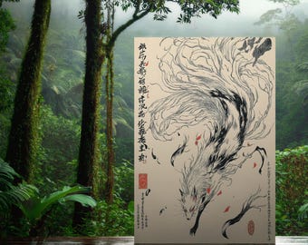 Digitale Yokai-Kunst | Neunschwänziger Fuchs | Fuchskunst | Fuchs-Kunstdrucke | Ukiyo-e-Stil | japanische Mythologie | Wanddekoration | japanische Folklore | Fantasy-Kunst | traditionelle Kunst | mystische Kunst | kulturelles Dekor | Geschenke für Fuchsliebhaber | japanische kulturelle Schönheit | japanische Yokai-Kunst