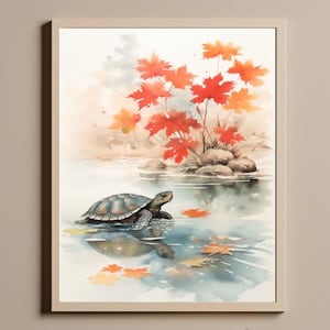 Könnte beinhalten: Aquarellmalerei einer Schildkröte, die in einem Teich schwimmt, mit roten und orangefarbenen Blättern, die auf der Oberfläche treiben. Die Schildkröte blickt nach rechts und hat einen dunklen Panzer. Der Hintergrund ist ein sanftes Blau mit einem hellbraunen Ufer.