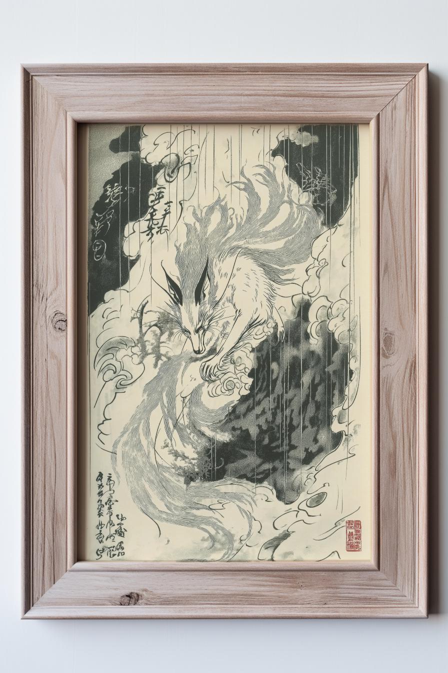 白狐 | 雨の中 | 狐のイラスト | 妖怪デジタルアート | 九尾の狐 | 狐