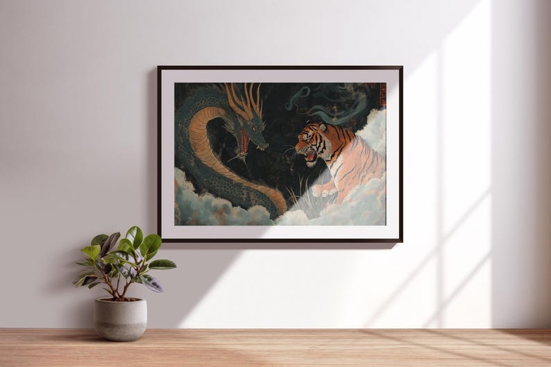 K&ouml;nnte beinhalten: Ein gerahmter Druck, der einen Drachen und einen Tiger zeigt, die sich in einer dramatischen Pose gegen&uuml;berstehen. Der Drache ist gr&uuml;n und blau, w&auml;hrend der Tiger orange und schwarz ist. Beide Tiere sind von Wolken umgeben.