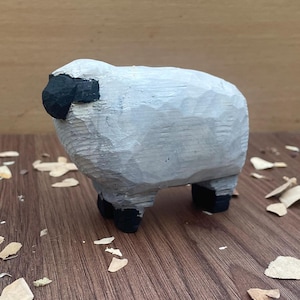Hand-Carved Painted Wooden Sheep - Realistic Animal wood sculpture- Handmade Pine Carving Gift