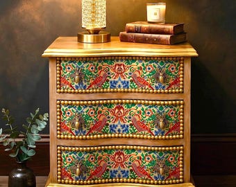 Luxury Statement Nightstand, Handcrafted Bird Floral Dresser, Olive Green Gold Cabinet, Designer Furniture, One of a Kind Piece,Gift for Her
