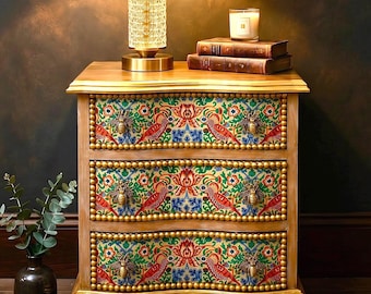 Luxury Statement Nightstand, Handcrafted Bird Floral Dresser, Olive Green Gold Cabinet, Designer Furniture, One of a Kind Piece,Gift for Her
