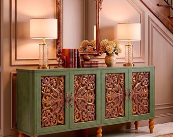 Mesa consola, mueble de almacenamiento floral ornamentado, aparador artesanal, mueble llamativo, credenza vintage, decoración de entrada, regalo de lujo para ella.