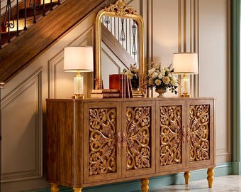 Mesa consola, mueble de almacenamiento floral ornamentado, aparador artesanal, mueble llamativo, credenza vintage, decoración de entrada, regalo de lujo para ella.