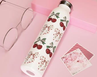 Coquette Charming Cherry And Bow Slim Water Bottle, Bottled Water, Eco-Friendly Bottle, Gift for Her, Summer Hydration, Kitchen Decor