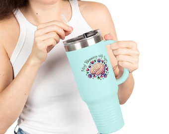 Brain Blossom Insulated Travel Mug, 40oz - Floral Coffee Cup, Best Friend Gift, Large Tea Tumbler, Unique Gift for Nature Lovers