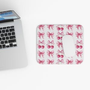 Chic Pink Cherry And Bow Mouse Pad, Cute Desk Accessory for Home Office, Gift for Students, Elegant Decor, Work Essentials