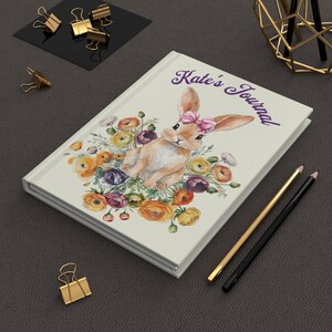 Personalized Coquette Whimsical Eastern Bunny Bow Hardcover Journal, Best Friend Gift, Cute Floral Notebook, Creative Journaling