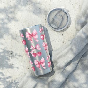 Coquette Cherry And Bow 20oz Tumbler, Cute Travel Mug, Gifts for Her, Summer Beverage Cup, Cherry Gifts, Pink Bow Tumbler