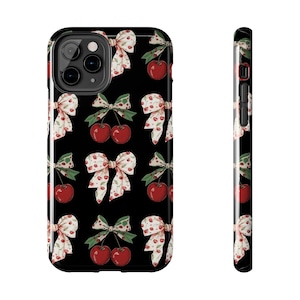 Coquette Cherry Bow Tough Phone Case - Cute Cherry Design, Unique Phone Cover, Cherry Lover Gift, Durable Phone Protector
