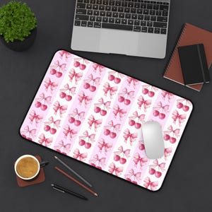 Cute Cherry And Bow Design Desk Mat, Cute Desk Accessory, Home Office Decor, Gift for Students, Cherry Pattern, Pink Bow Design
