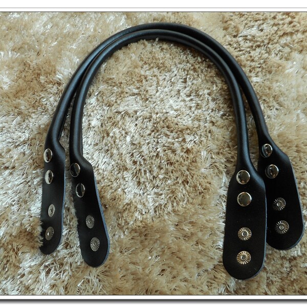 a pair of 23.5 inch (60cm) black cow leather purse handles bag handles with snap buttons