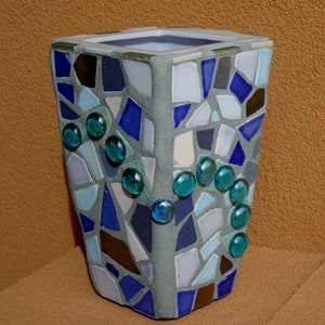 Moroccan Sunrise MOSAIC TILED VASE- Shades of Blue Tiles & Glass Gems, Handmade Home Decor