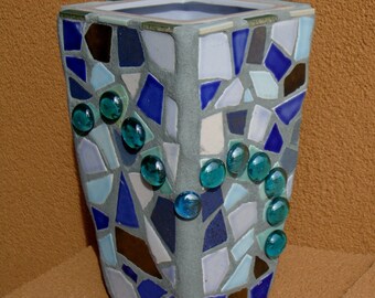 Moroccan Sunrise MOSAIC TILED VASE- Shades of Blue Tiles & Glass Gems, Handmade Home Decor