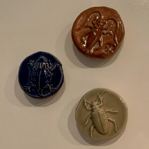 Könnte beinhalten: Drei runde Keramik-Ornamente mit erhabenen Bildern von Insekten. Das erste Ornament ist braun mit einem hellbraunen Bild einer Gottesanbeterin. Das zweite Ornament ist blau mit einem hellblauen Bild einer Hörnerkröte. Das dritte Ornament ist hellgrau mit einem weißen Bild eines Käfers.