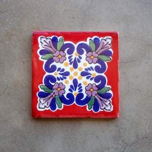 FREE Shipping! Red FLORAL 4" Mexican Talvera TILE: 4x4 Hand Painted Terra Cotta Tile from Mexico