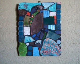 MOSAIC BLUE BIRD Wall Hanging, Art Plaque for Walls or Tabletop- Handcrafted Art with Blue Green Handmade Tiles