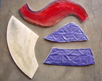 Large NOVELTY Ceramic Handmade TILES: CHOOSE Your Tile, 4 Available, Red Purple Cream Mosaic Tile Supply