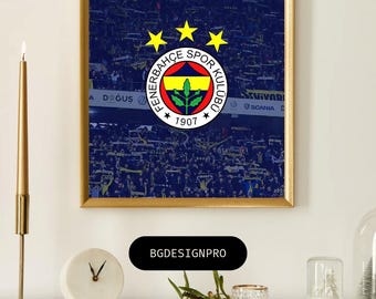 Impression du club de football de Fenerbahçe : affiche de sport moderne, jaune et bleu marine