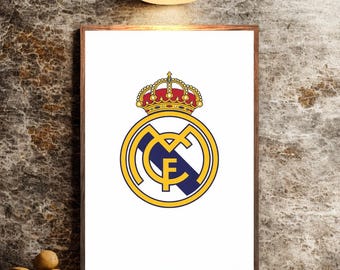 Affiche logo blanc minimaliste du Real Madrid CF, art mural football, téléchargement numérique, décoration sport moderne de haute qualité