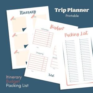 Printable Trip Planner | Travel Itinerary Template, Budget Tracker & Packing List | Vacation Planner, Travel Journal, PDF Instant Download